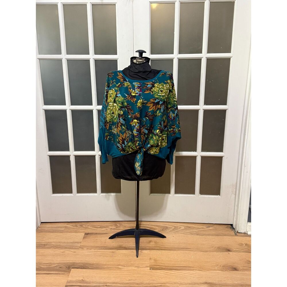Figueroa & Flower Teal Floral Dolman Sleeve Tie Front Top Blouse XL